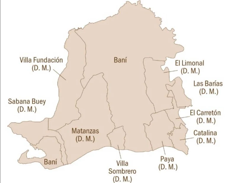 Mapa de la provincia Peravia con Baní, Matanzas y distritos municipales
